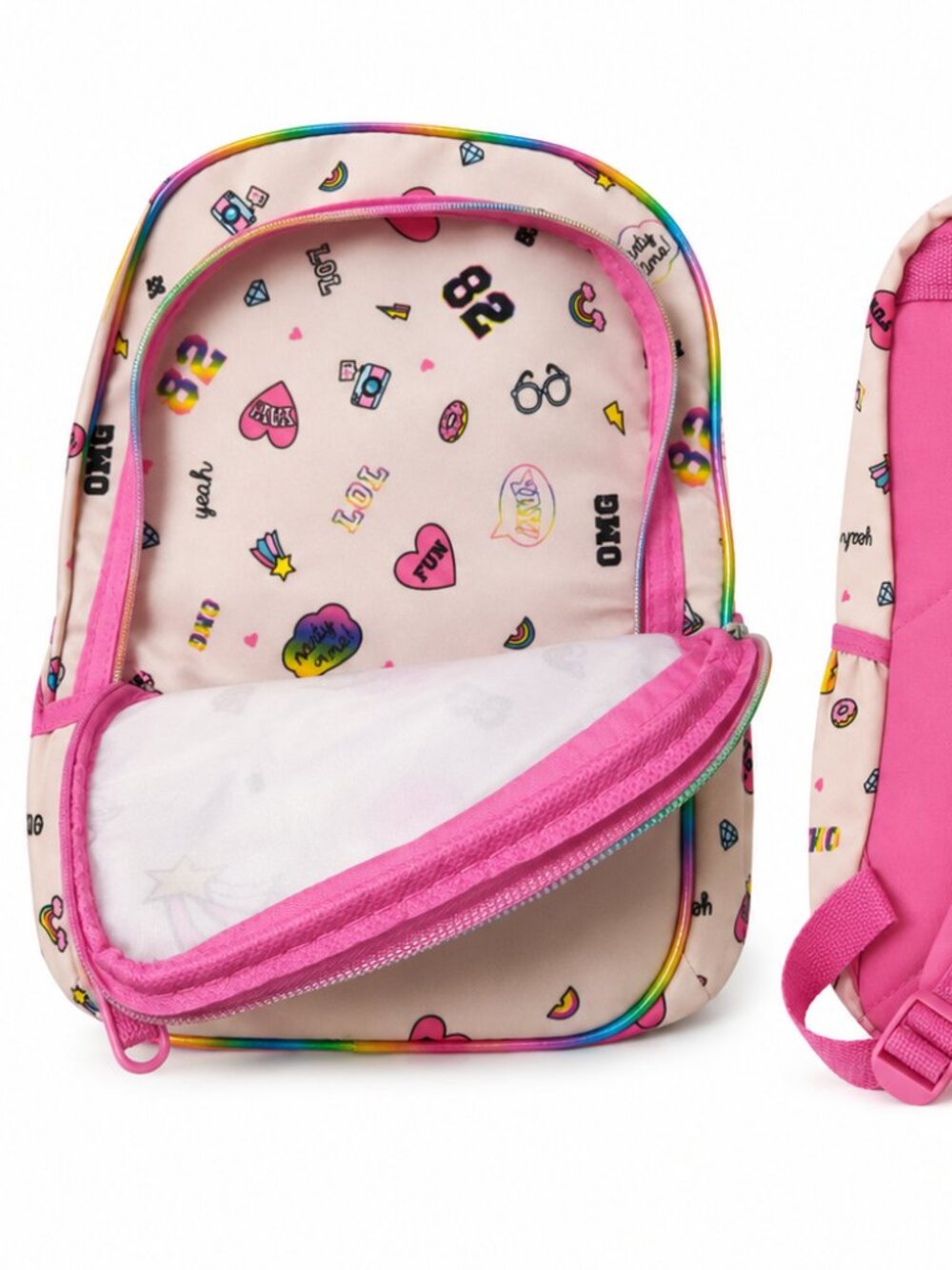 Girls Pink Rainbow Glitter Backpack Pom Pom Have Fun Dream Big School Bag - Picture 2 of 4